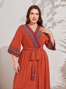 Mulvari Plus Contrast Trim Polka Dot Belted Dress - Multicolor - View 4