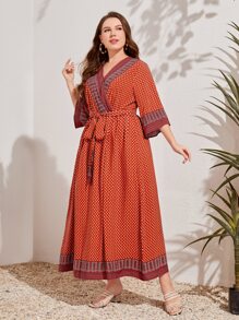 Mulvari Plus Contrast Trim Polka Dot Belted Dress - Multicolor - View 5