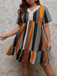 SHEIN Frenchy Vestido con estampado geométrico panel con encaje - Multicolor - Ver 4