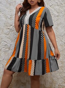 SHEIN Frenchy Vestido con estampado geométrico panel con encaje - Multicolor - Ver 5