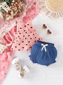 Baby Heart Print Ruffle Trim Cami Top & Bow Front Shorts - Multicolor - View 1