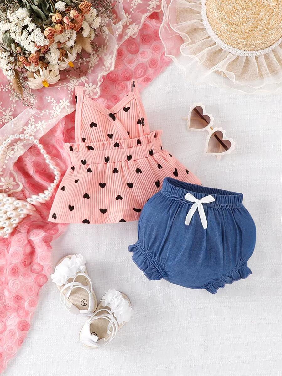 Baby Heart Print Ruffle Trim Cami Top & Bow Front Shorts - Multicolor - View 1