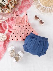 Baby Heart Print Ruffle Trim Cami Top & Bow Front Shorts - Multicolor - View 2
