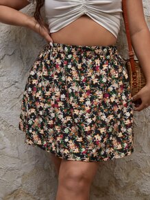 SHEIN Frenchy Plus Allover Floral Print Flare Skirt - Multicolor - View 1