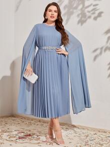 Modelyn 大碼百褶斗篷袖繫腰帶連衣裙 - 霧霾藍 - 查看 2