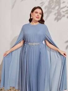 Modelyn 大碼百褶斗篷袖繫腰帶連衣裙 - 霧霾藍 - 查看 4