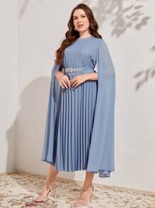 Modelyn 大碼百褶斗篷袖繫腰帶連衣裙 - 霧霾藍 - 查看 5