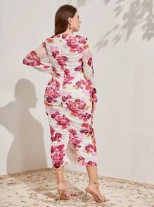 Modelyn Plus Floral Print Ruched Mesh Bodycon Dress - Multicolor - View 2