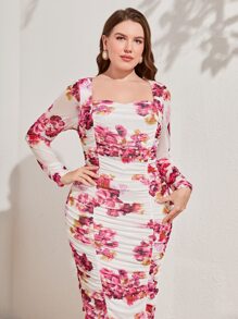 Modelyn Plus Floral Print Ruched Mesh Bodycon Dress - Multicolor - View 3
