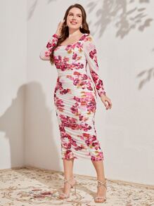 Modelyn Plus Floral Print Ruched Mesh Bodycon Dress - Multicolor - View 4