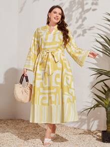 Mulvari Plus Graphic Print Notched Neckline Belted Dress - Multicolor - View 2