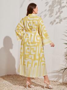 Mulvari Plus Graphic Print Notched Neckline Belted Dress - Multicolor - View 3