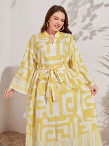 Mulvari Plus Graphic Print Notched Neckline Belted Dress - Multicolor - View 4