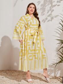 Mulvari Plus Graphic Print Notched Neckline Belted Dress - Multicolor - View 5