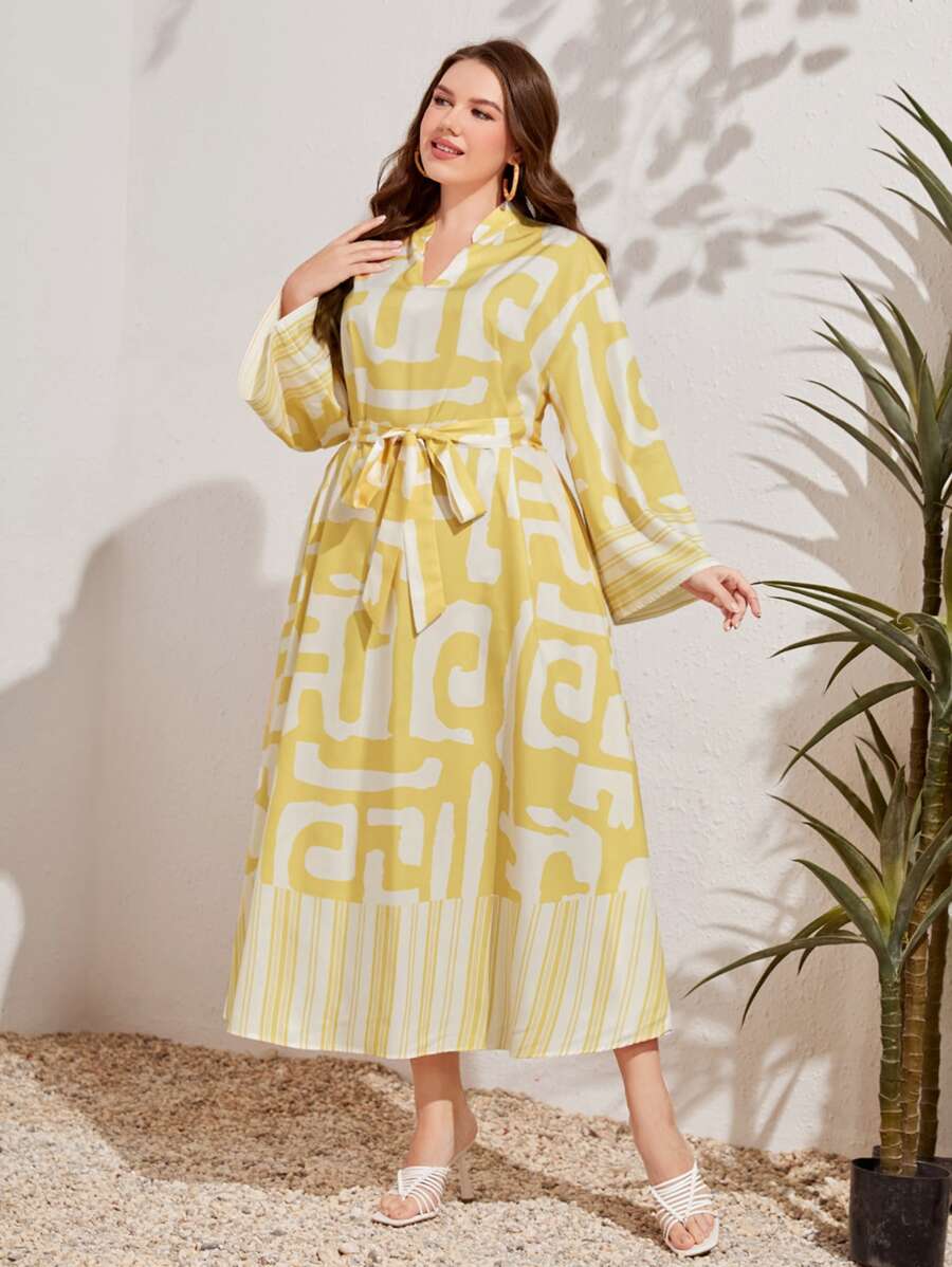 Mulvari Plus Graphic Print Notched Neckline Belted Dress - Multicolor - View 1