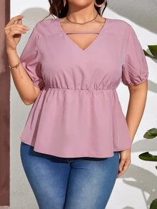 SHEIN LUNE Blusa peplum con abertura de manga farol - Rosa - Ver 2