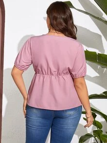 SHEIN LUNE Blusa peplum con abertura de manga farol - Rosa - Ver 3