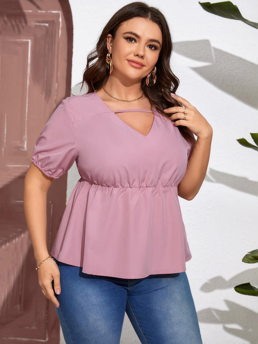 SHEIN LUNE Blusa peplum con abertura de manga farol - Rosa - Ver 1