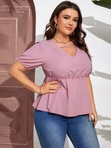 SHEIN LUNE Blusa peplum con abertura de manga farol - Rosa - Ver 4