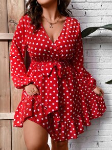 SHEIN Holidaya Plus Polka Dot Lantern Sleeve Ruffle Hem Belted Dress - Red - View 1