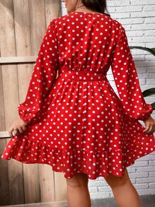 SHEIN Holidaya Plus Polka Dot Lantern Sleeve Ruffle Hem Belted Dress - Red - View 2