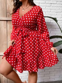 SHEIN Holidaya Plus Polka Dot Lantern Sleeve Ruffle Hem Belted Dress - Red - View 4