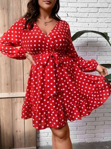 SHEIN Holidaya Plus Polka Dot Lantern Sleeve Ruffle Hem Belted Dress - Red - View 5