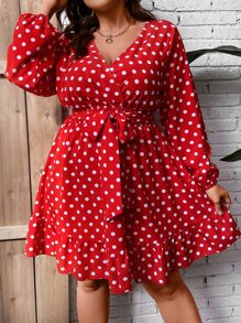 SHEIN Holidaya Plus Polka Dot Lantern Sleeve Ruffle Hem Belted Dress - Red - View 6