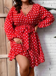 SHEIN Holidaya Plus Polka Dot Lantern Sleeve Ruffle Hem Belted Dress - Red - View 7