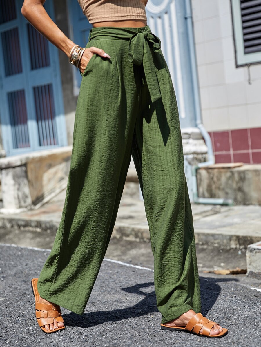 SHEIN LUNE Solid Belted Wide Leg Trousers - Army Green - View 1