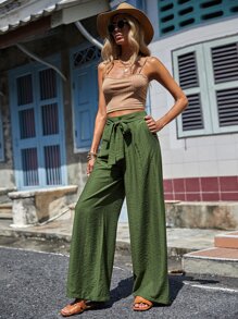 SHEIN LUNE Solid Belted Wide Leg Trousers - Army Green - View 4