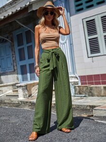 SHEIN LUNE Solid Belted Wide Leg Trousers - Army Green - View 5
