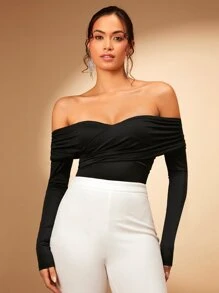 SHEIN BAE Off Shoulder Ruched Tee - Black - View 1