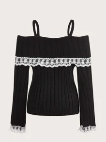 ROMWE Kawaii Himekaji 对比色蕾丝蝴蝶结露肩毛衣 - 黑色 - 查看 2