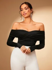 SHEIN BAE Off Shoulder Ruched Tee - Black - View 4