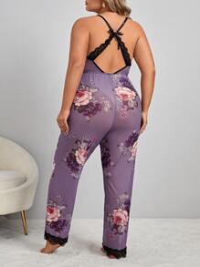 Plus Floral Print Contrast Lace Sleep Jumpsuit - Mauve Purple - View 2