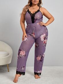 Plus Floral Print Contrast Lace Sleep Jumpsuit - Mauve Purple - View 5