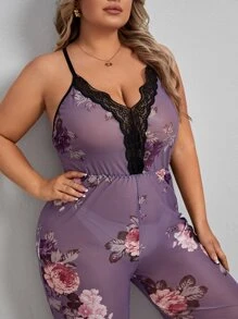 Plus Floral Print Contrast Lace Sleep Jumpsuit - Mauve Purple - View 6