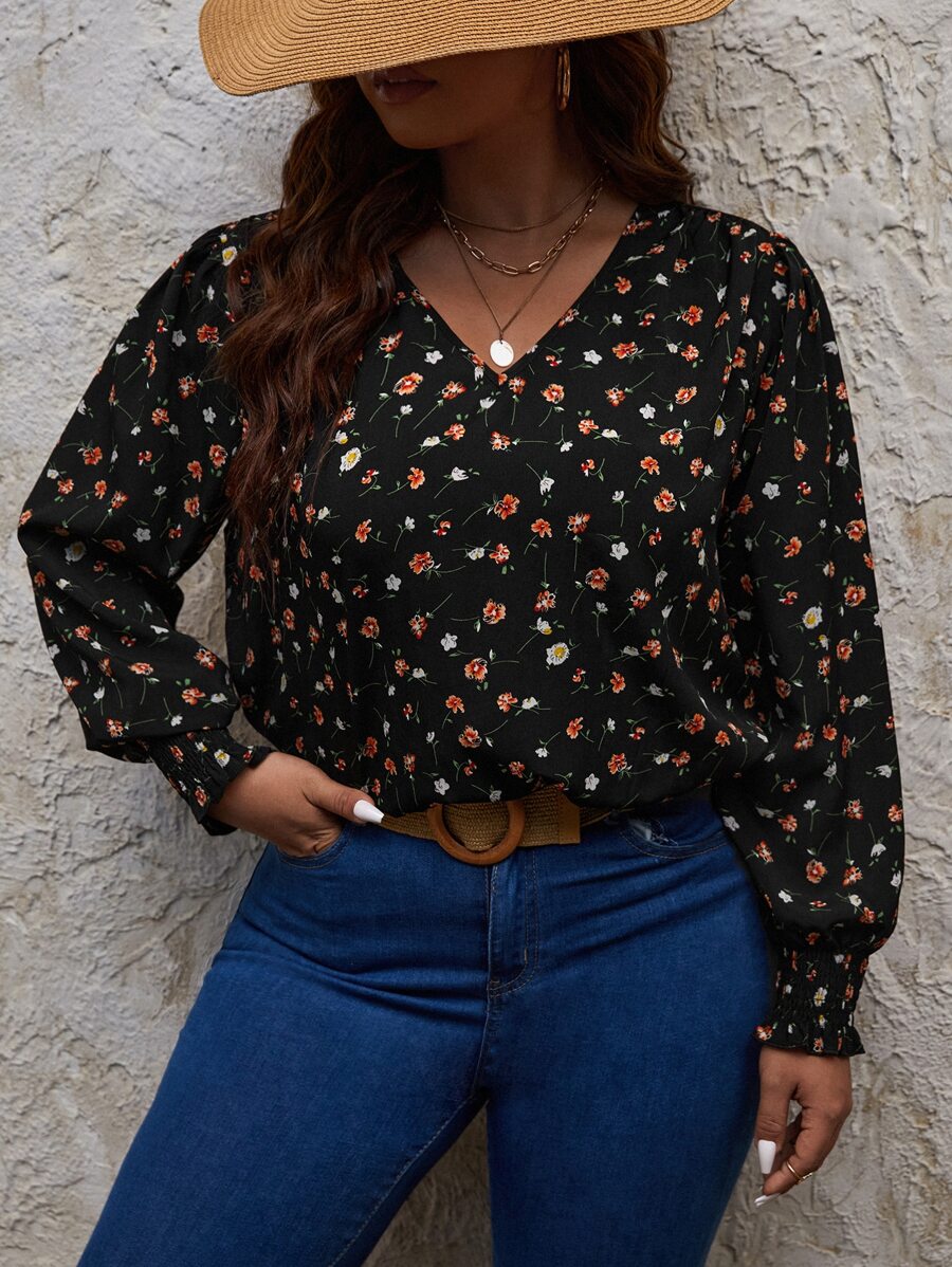 SHEIN Frenchy Plus Ditsy Floral Lantern Sleeve Blouse - Multicolor - View 1