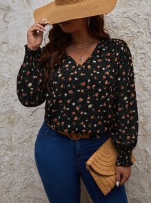 SHEIN Frenchy Plus Ditsy Floral Lantern Sleeve Blouse - Multicolor - View 3