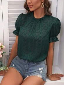 SHEIN LUNE 圓點荷葉袖襯衫 - 綠色 - 查看 1