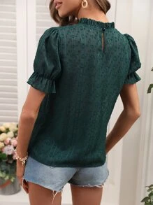 SHEIN LUNE 圓點荷葉袖襯衫 - 綠色 - 查看 2