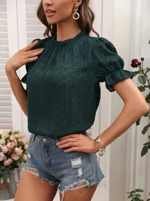 SHEIN LUNE 圓點荷葉袖襯衫 - 綠色 - 查看 3