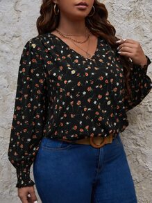 SHEIN Frenchy Plus Ditsy Floral Lantern Sleeve Blouse - Multicolor - View 5