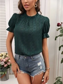 SHEIN LUNE 圓點荷葉袖襯衫 - 綠色 - 查看 5