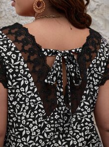 SHEIN Frenchy Plus Ditsy Floral Contrast Embroidery Mesh Tie Back Blouse - Black and White - View 3