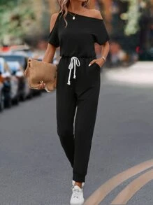 SHEIN LUNE Mono de cuello asimétrico con nudo delantero - Negro - Ver 1