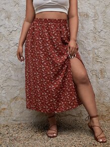 SHEIN Frenchy Plus Ditsy Floral Print Split Thigh Skirt - Multicolor - View 1