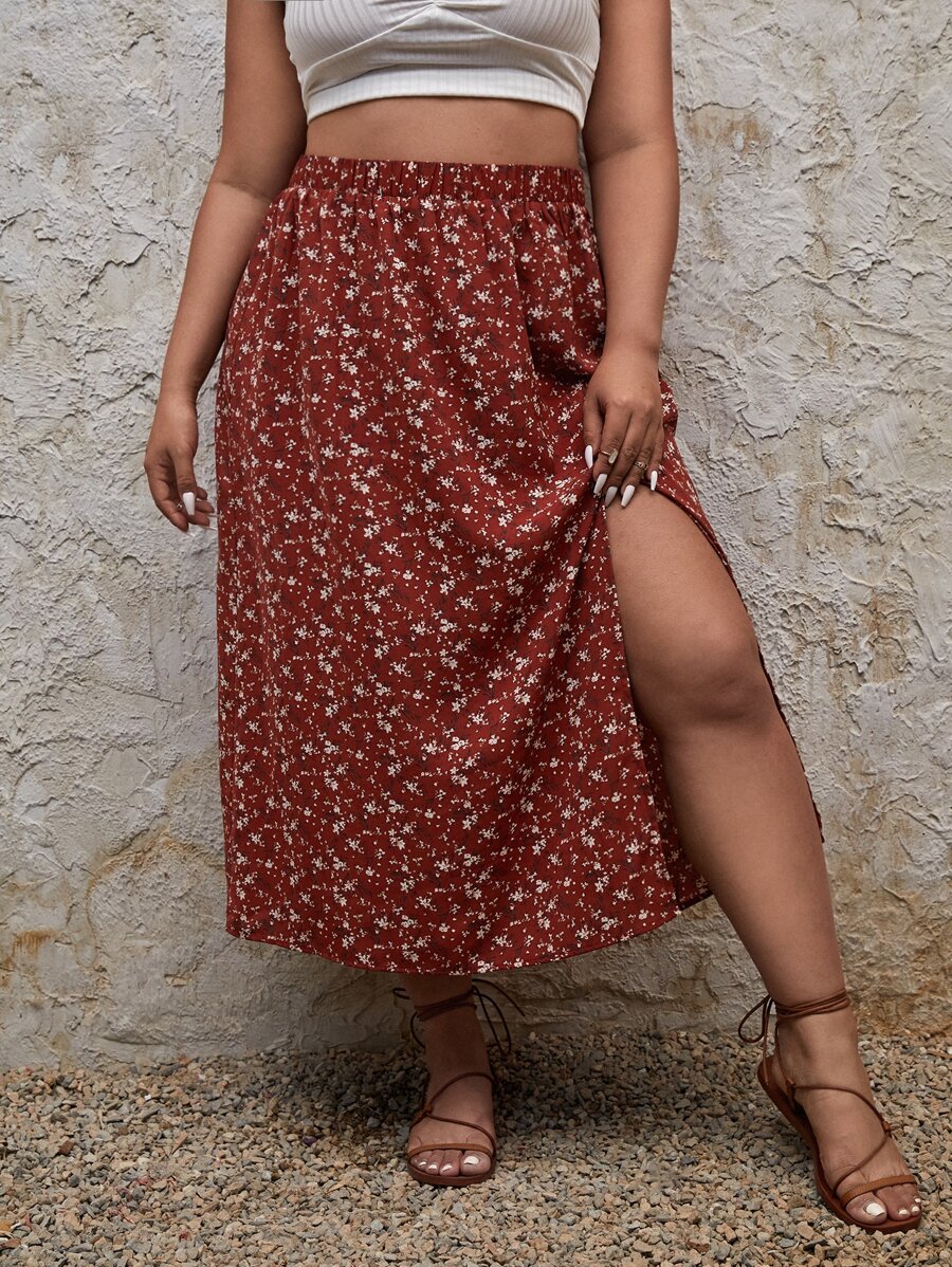 SHEIN Frenchy Plus Ditsy Floral Print Split Thigh Skirt - Multicolor - View 1