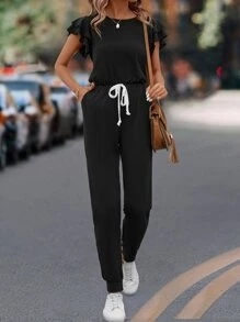 SHEIN LUNE Layered Sleeve Knot Front Jumpsuit - Black - View 6